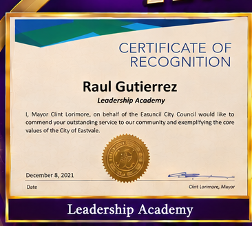 Leadership Academy certificate of recognition, December 8, 2021