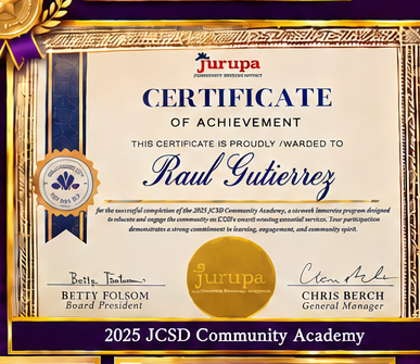 Jurupa Community Services District 2025 Certificate of Achievement awarded to Raul Gutierrez