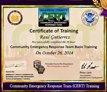 Riverside County CERT Certificate of Training, October 26, 2014