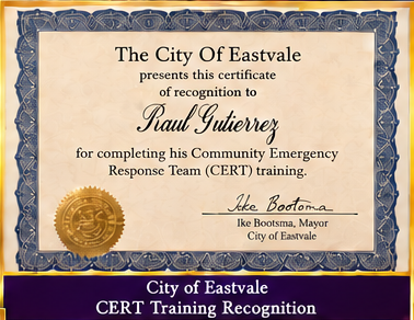 City of Eastvale certificate recognizing completion of Community Emergency Response Team training